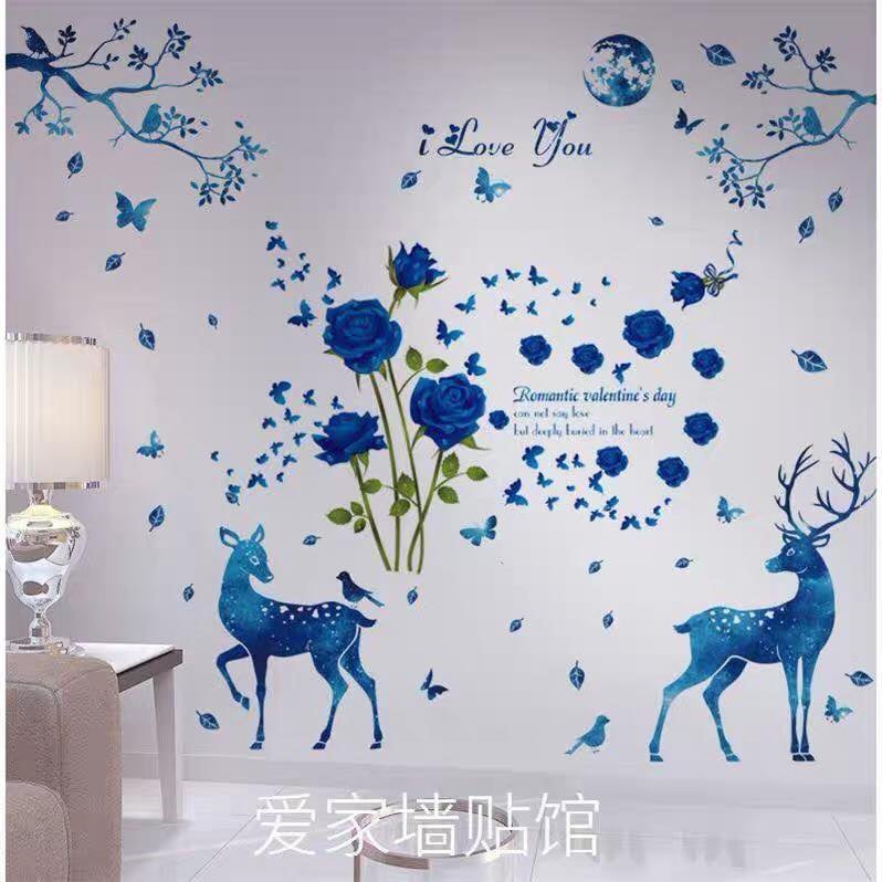 Decal dán tường hươu và hoa hồng nhung xanh