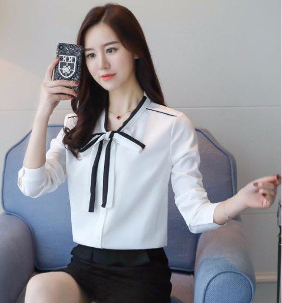 Áo Sơ Mi Phối Màu Kèm Nơ Cổ Tay Dài   (KÈM QUÀ TẶNG)