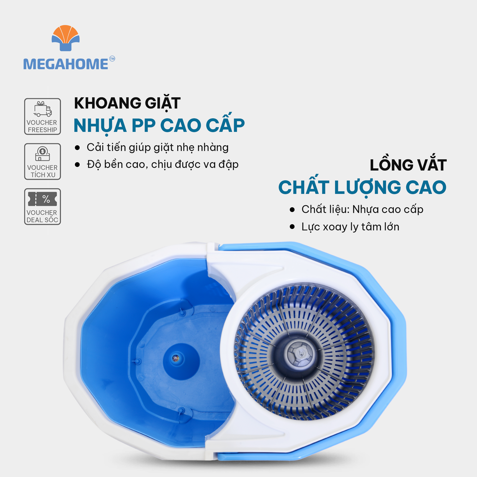Bộ lau nhà Megalife C2, dung tích 14l, lồng vắt nhựa, xoay 360 độ
