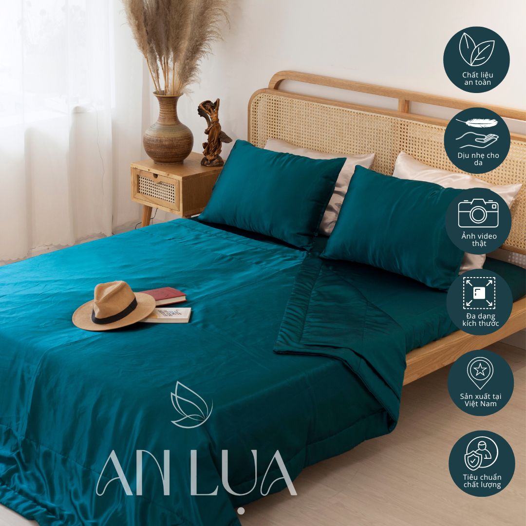 Bộ chăn drap 5 món An Lụa vải lụa mịn mát và thân thiện cho da - Xanh cổ vịt