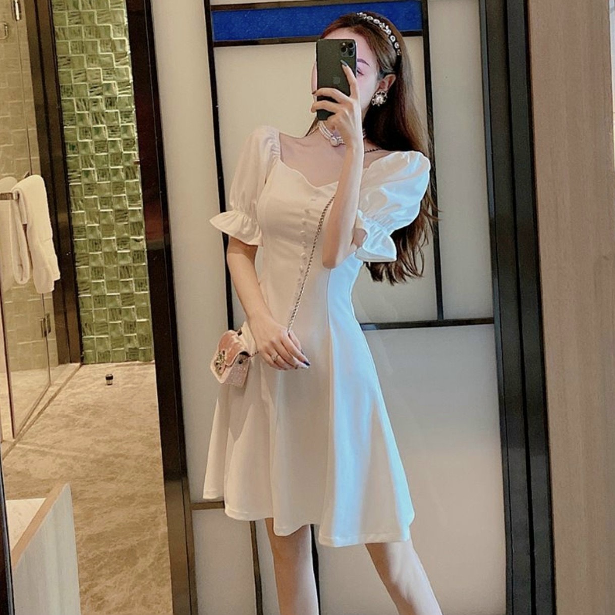 Đầm Xòe Nút Bọc Cổ V 2 Màu - DX0054