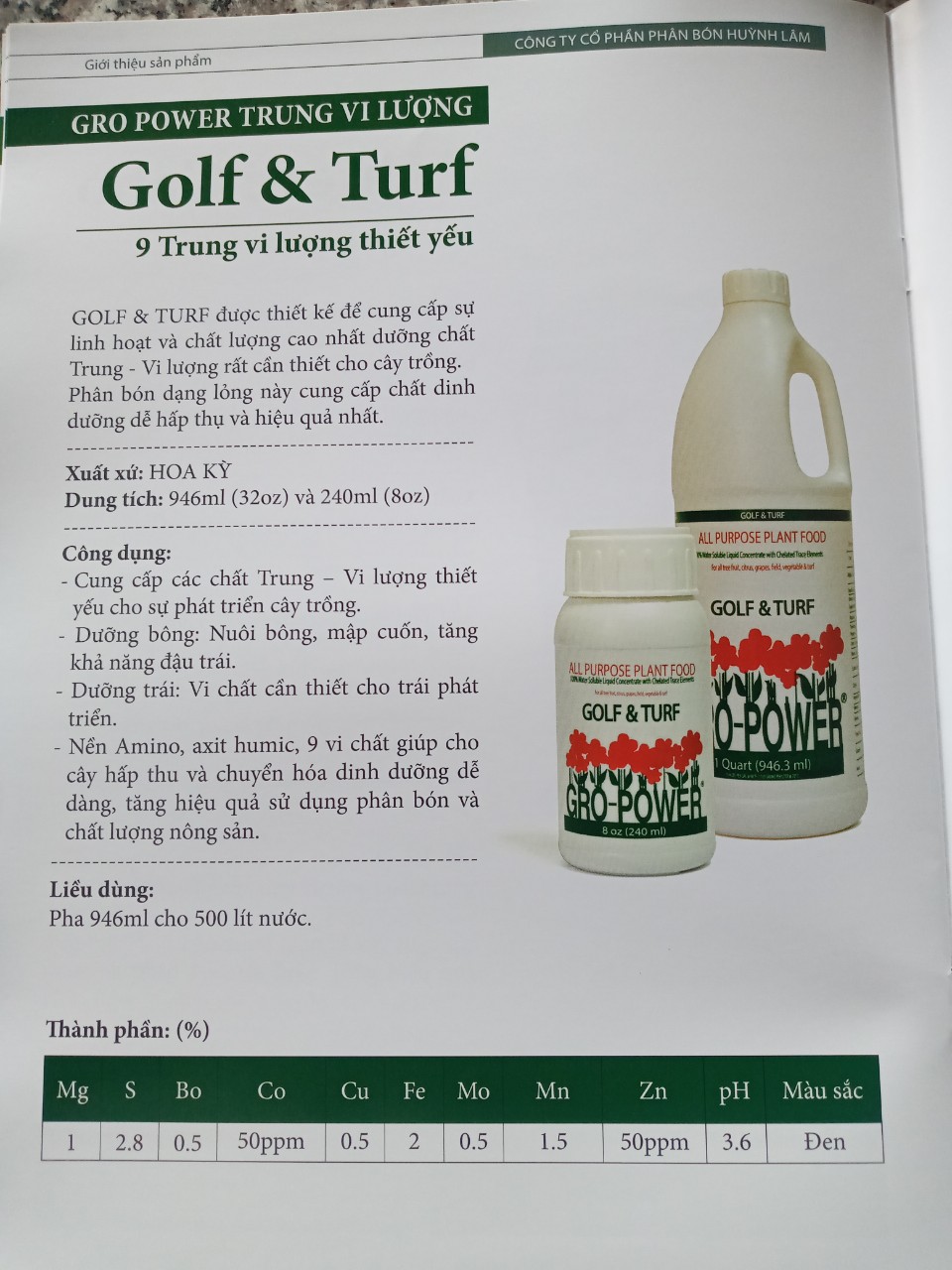 Phân Bón Vi Lượng  GOLF VÀ TURF GRO-POWER lọ 946 ml