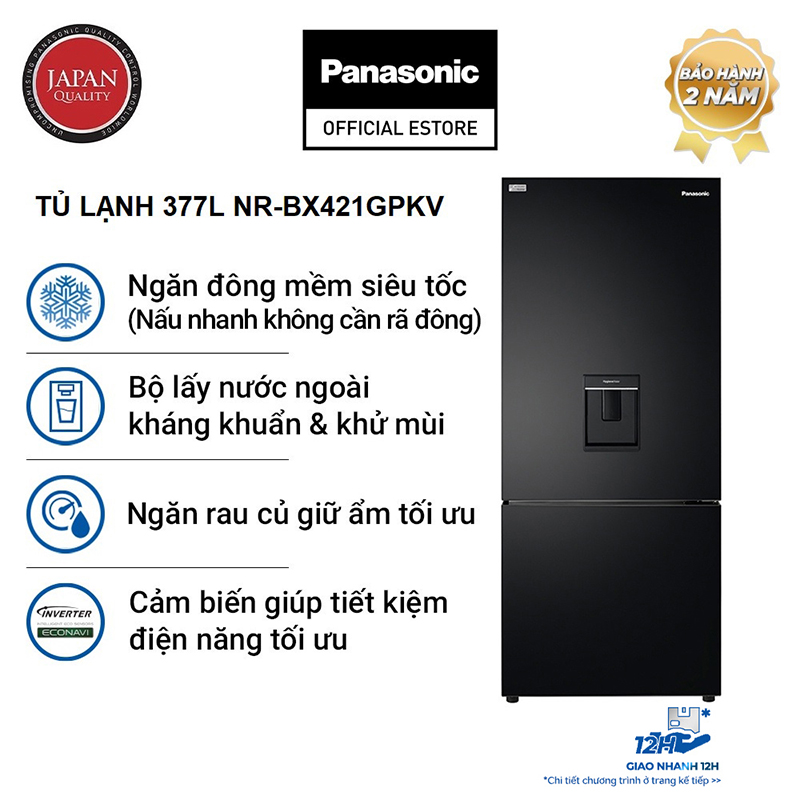 - tủ lạnh 2 cánh panasonic 377 lít nr-bx421gpkv ngăn đá dưới - ngăn đông mềm siêu tốc - lấy nước ngoài - bảo hành 2 năm - hàng chính hãng