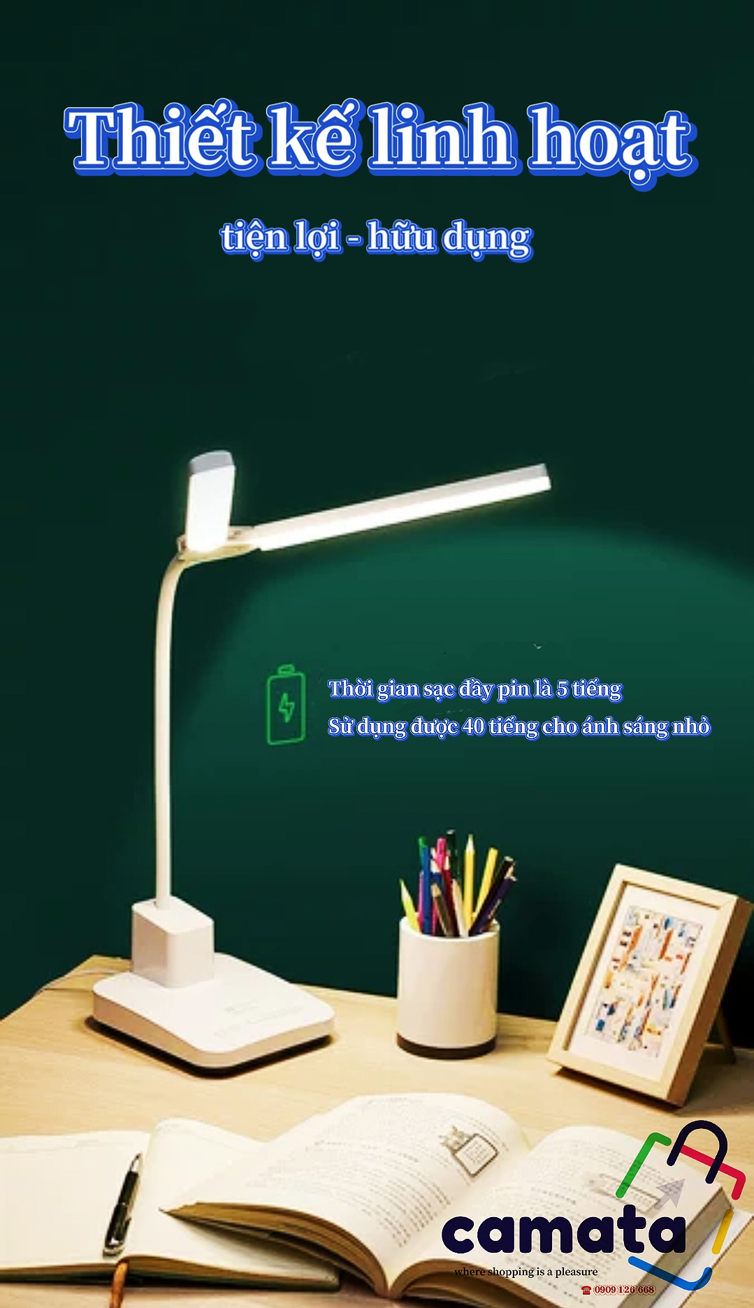 [TẴNG KÈM PIN VÀ CỐC SẠC TRỊ GIÁ 50K] Đèn bàn học sinh sạc pin led không dây CAMATA 1928 đèn bàn cảm ửng chế độ sáng, đèn bàn làm việc.