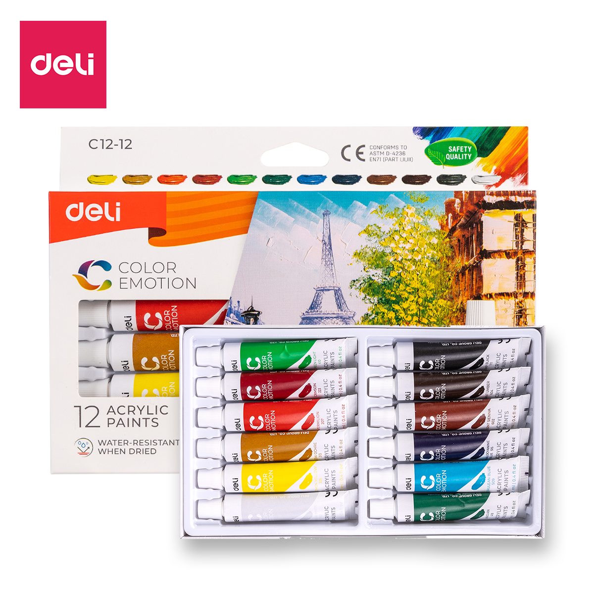 Màu nước acrylic dạng tuýp 12ml deli - 12/24 màu - 1 hộp - ec12