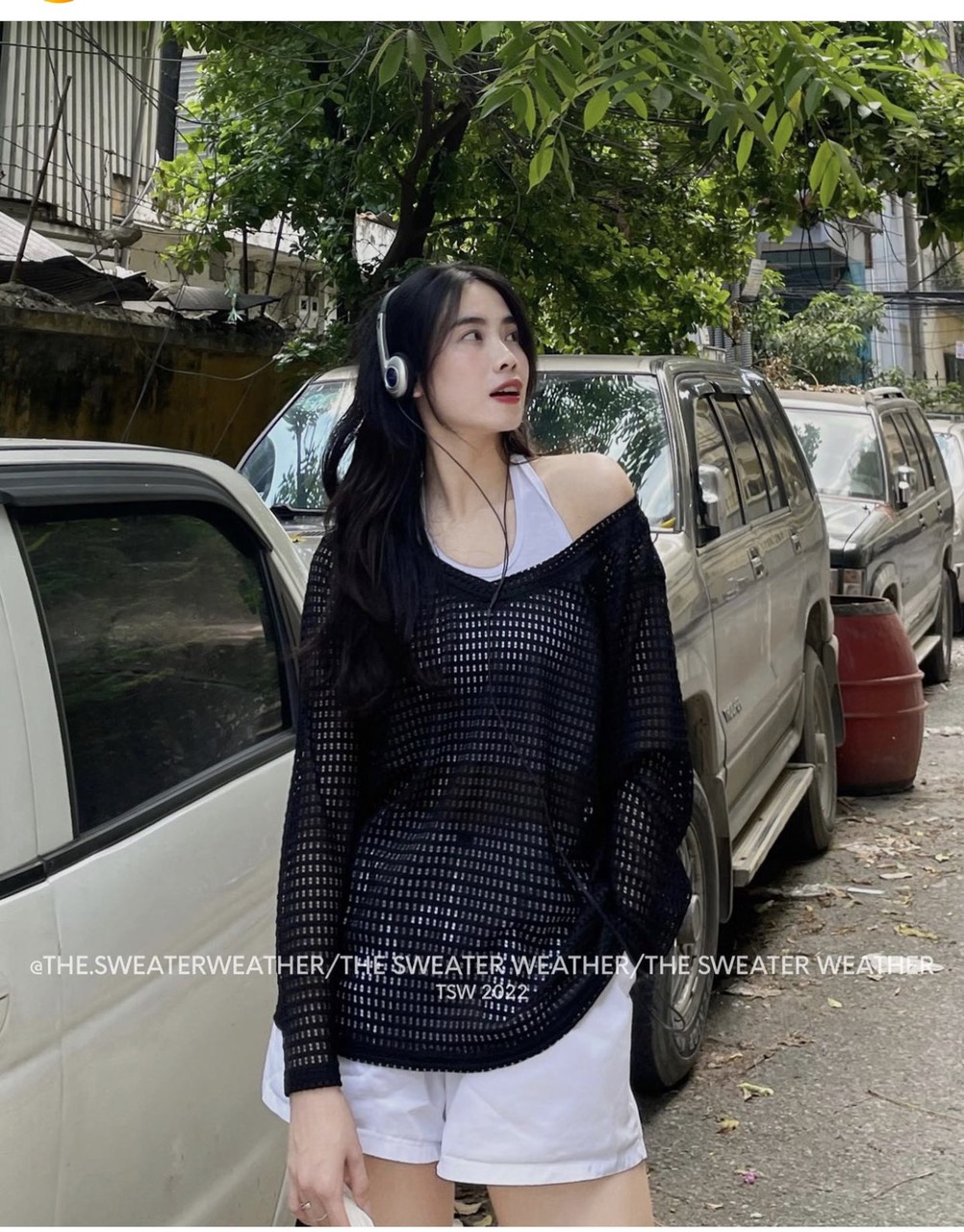Set áo yếm kèm áo lưới cổ tim oversize cá tính