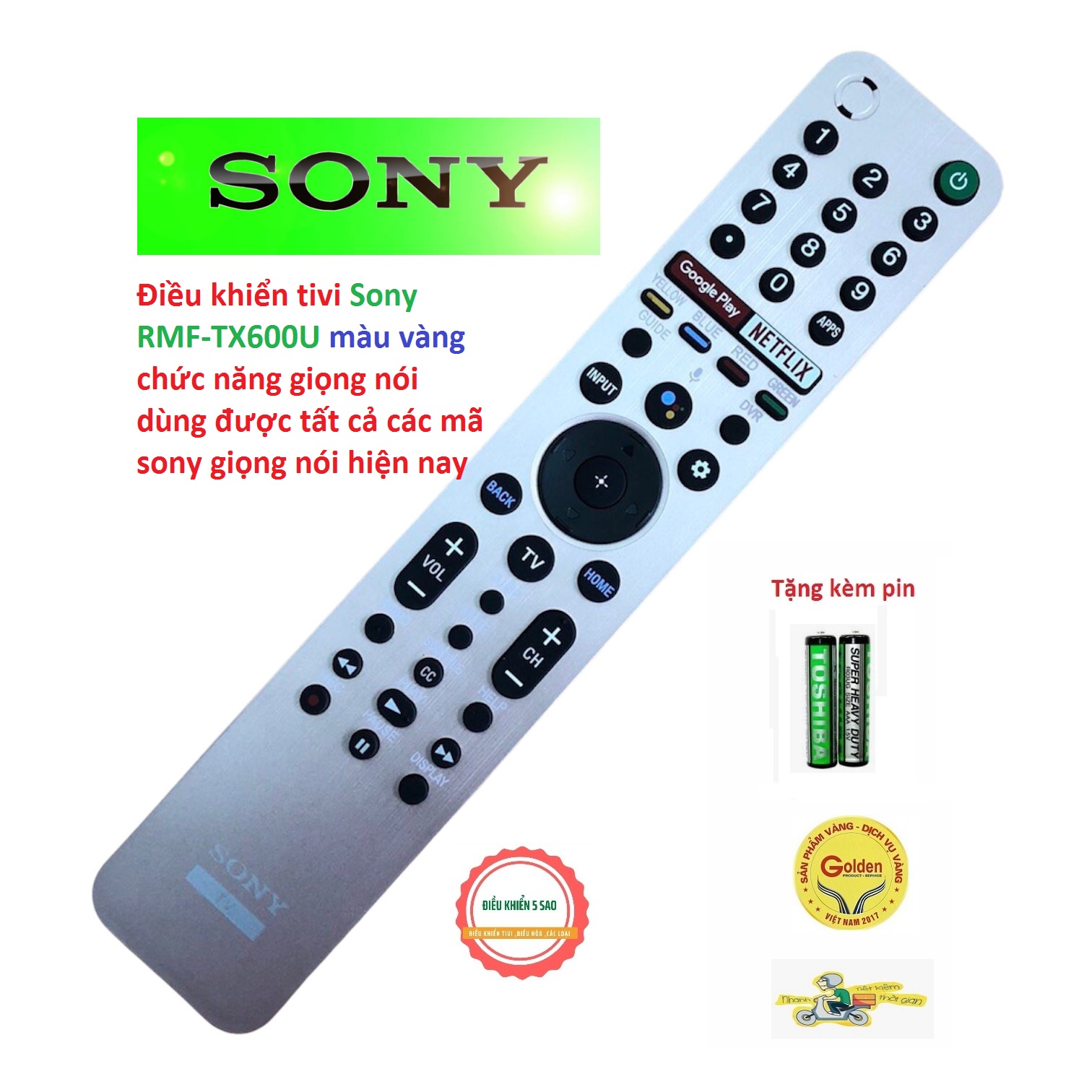 Điều khiển tivi Sony RMF-TX600U chức năng giọng nói thông minh loại tốt zin theo máy - tặng kèm pin chính hãng - Remote tivi Sony RMF-TX600U - Đầu bấm tivi Sony RMF-TX600U màu vàng loại tốt thay thế điều khiển tivi sony zin theo máy
