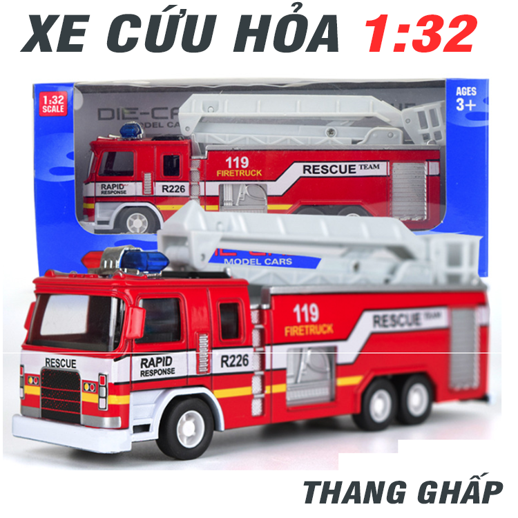 Xe cứu hỏa bằng sắt đồ chơi trẻ em mô hình tỉ lệ 1:32 xe có âm thanh và đèn (1 xe)