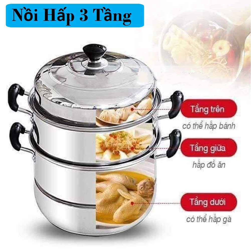 Xửng hấp cách thủy đa năng 2-3 tầng inox size 28cm - Nồi hấp kiêm nồi lẩu luộc gà