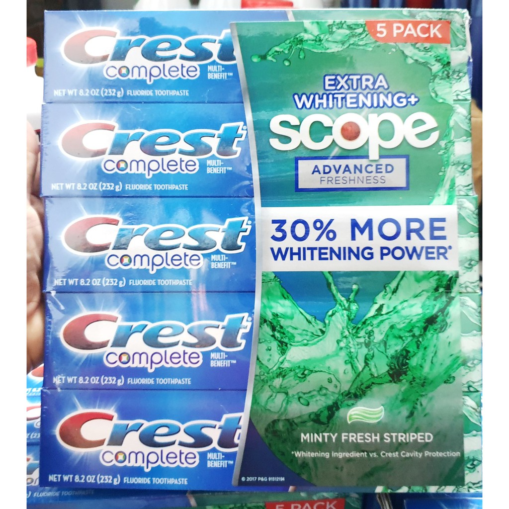Kem đánh răng trắng răng C.r.e.s.t Complete Extra Whitening Scope Advanced Freshness của Mỹ tupe 232gr