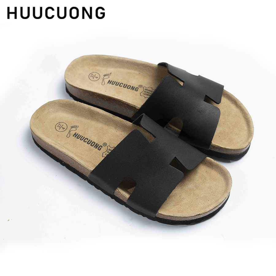 Dép unisex chữ H da bò đen đế trấu