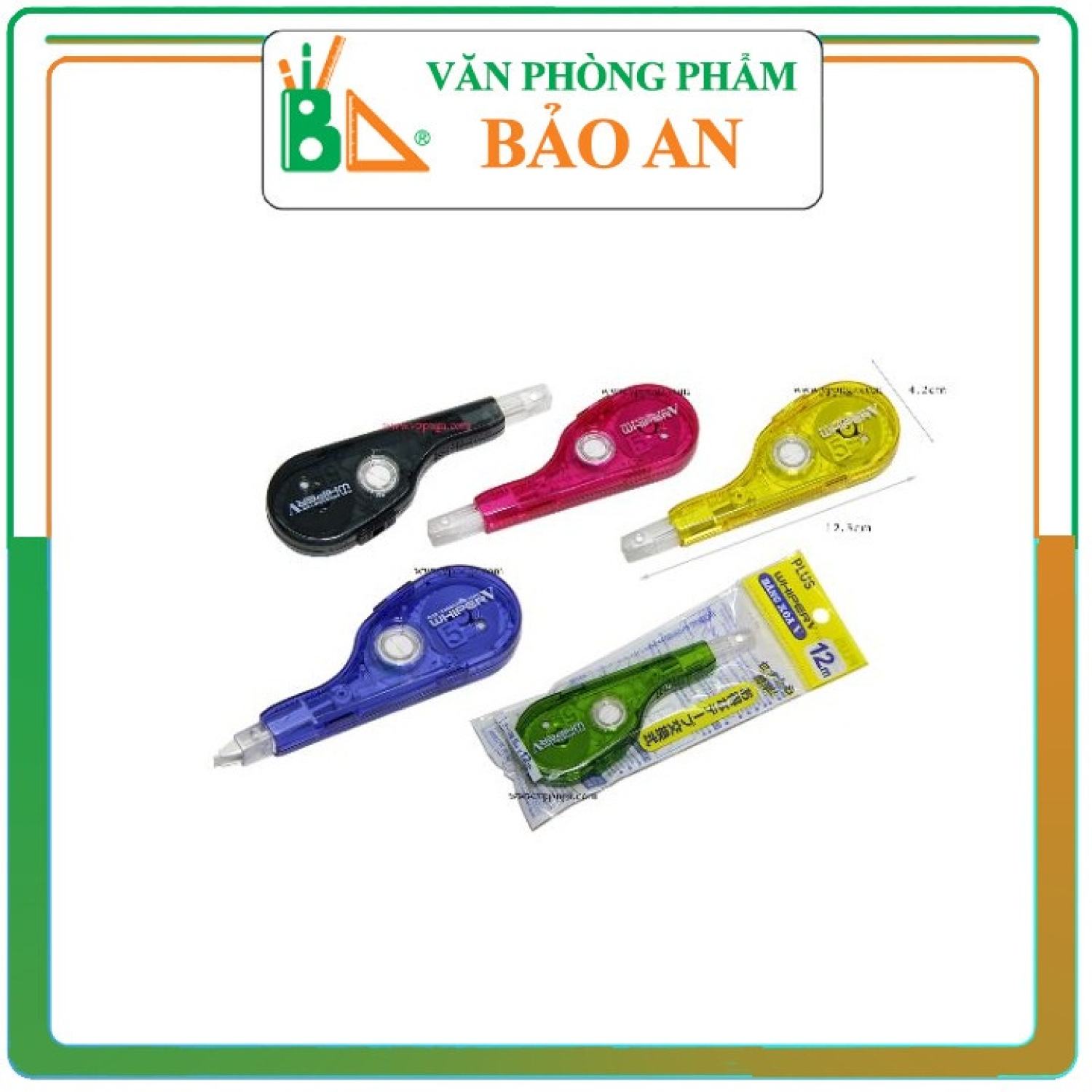 Băng xoá Plus dài 12m, ruột băng xóa thay thế rất tiện lợi, là loại băng xóa khô nên có thể viết đè lên ngay được.