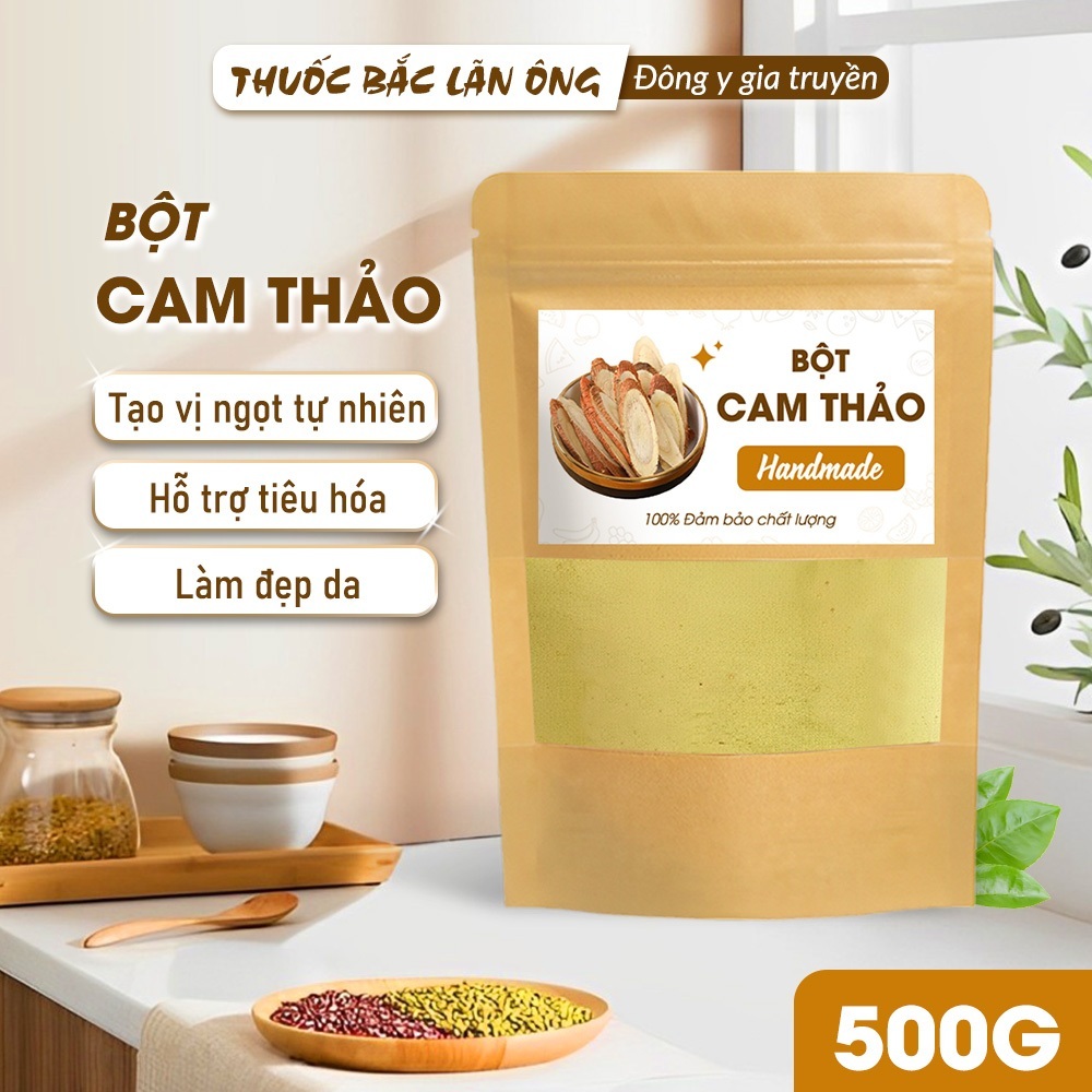 Bột cam thảo 500g, nguyên chất, thơm mịn, bột pha uống, đắp mặt - Lãn Ông