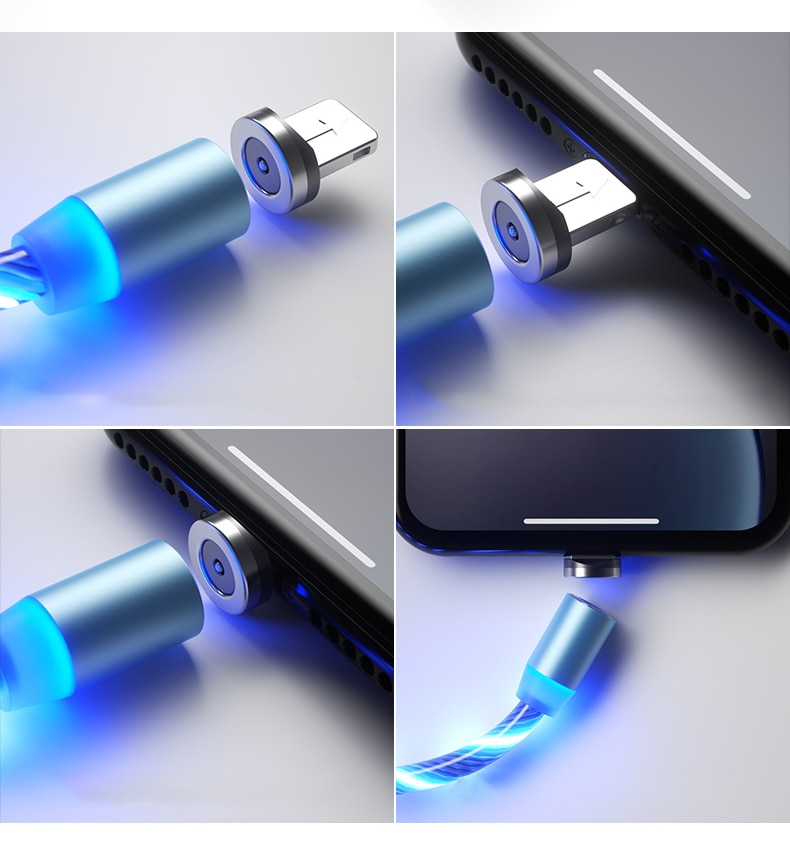 Cáp sạc từ tính hút nam châm dây 2M phát sáng 3 đầu Iphone, Micro usb , type c