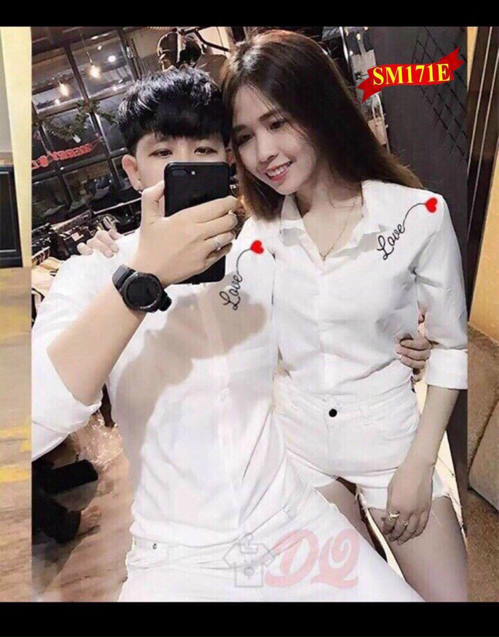 Áo sơ mi cặp đôi in chữ love cao cấp | áo đôi nam nữ đẹp