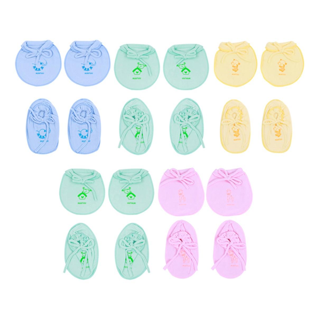 [HCM]Sỉ-Combo 5 Đôi Bao Tay 5 Đôi Bao Chân Cột Dây Sơ Sinh In Màu