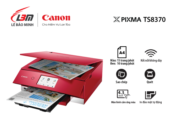 Máy in ảnh đa chức năng Canon TS8370 với kết nối không dây, màn hình cảm ứng lớn 4,3 và tính năng in đảo mặt tự động (6 màu mực,máy in in ảnh màu du lịch đẹp, sắc nét)- Hàng chính h