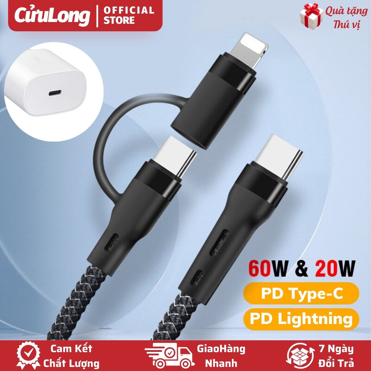 Cáp Sạc Nhanh PD Type-C Lightning Đa Năng 2 Trong 1 Bọc Dù Cao Cấp cáp usb-c android samsun xiaom iPhon XR XS 11 12 13 14 Pro Max CuuLongstore