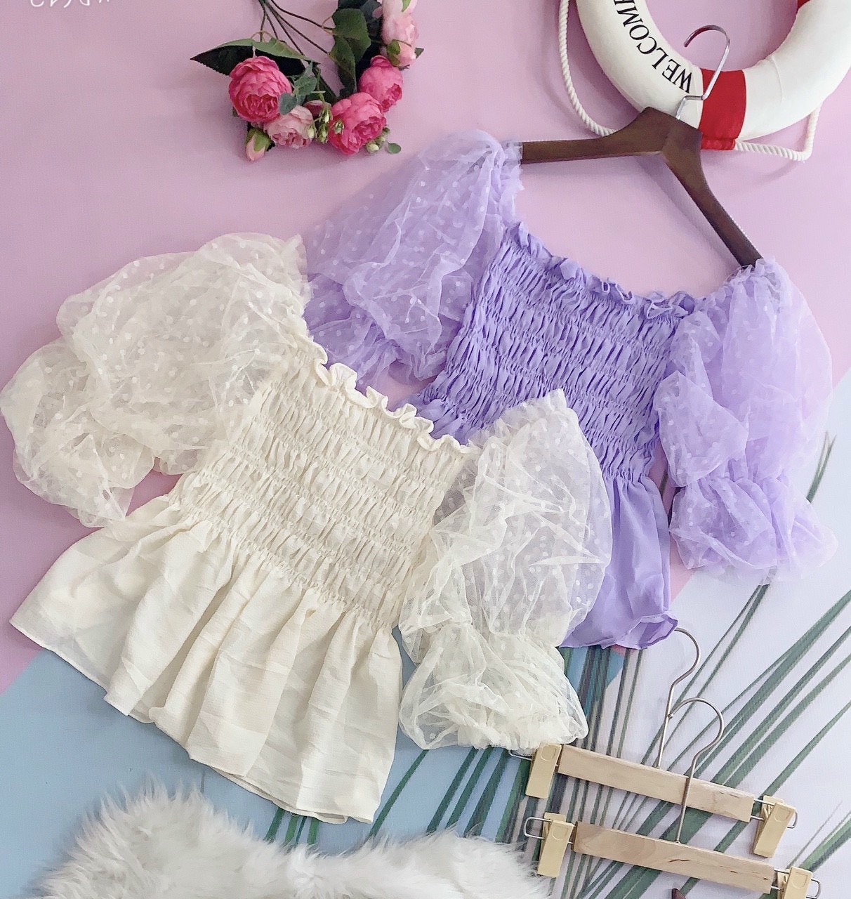 Áo Kiểu Voan Thân Nhún Tay Lưới Chấm Bi Xu Hướng Thời Trang Mới TTSLA0300