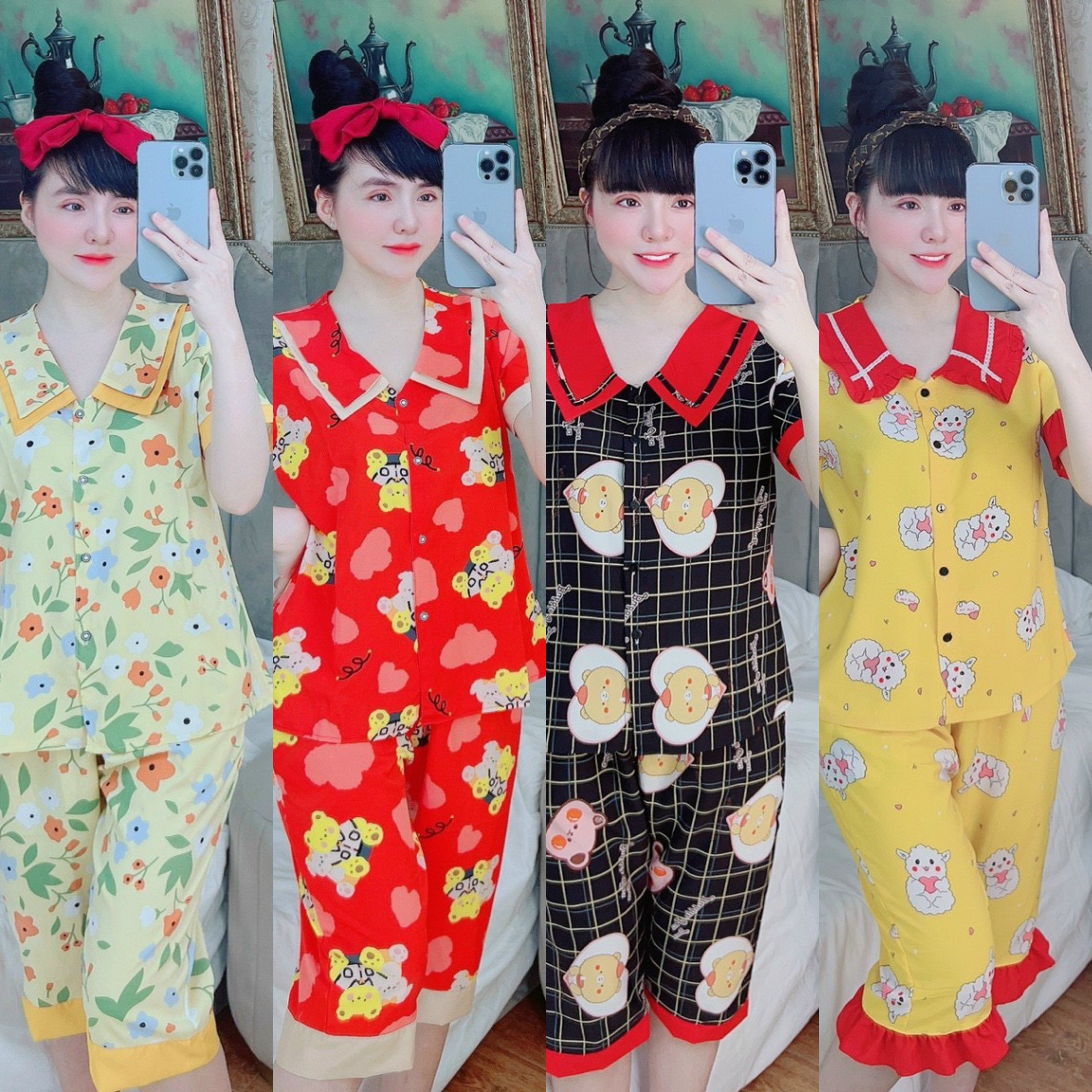 [LỬNG SIZE DƯỚI 57kg ] Đồ Bộ Pijama Lụa Hàn Họa Tiết Siêu Đẹp