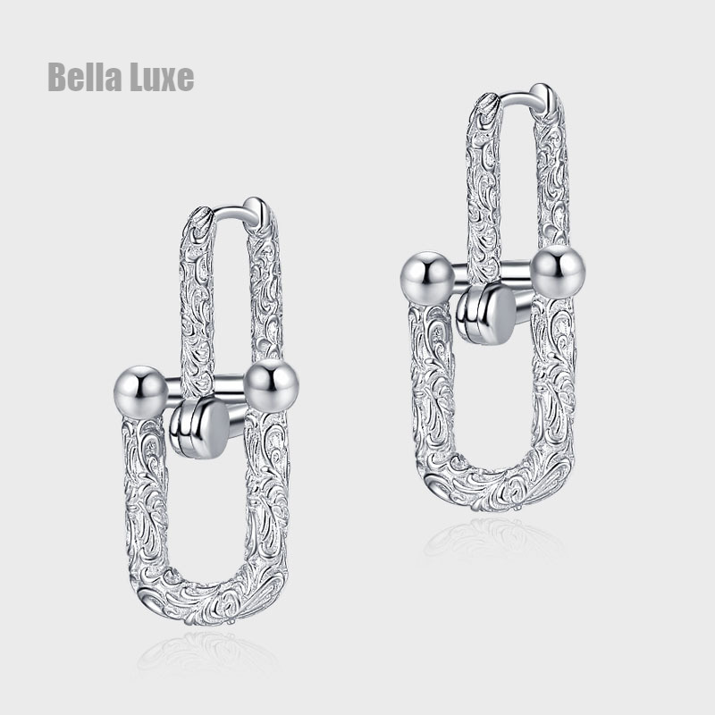 Sterling Silver 925 Tang Grass Flower Pattern Horseshoe Buckle U Shape Earrings Earrings Earrings Geometric Earrings