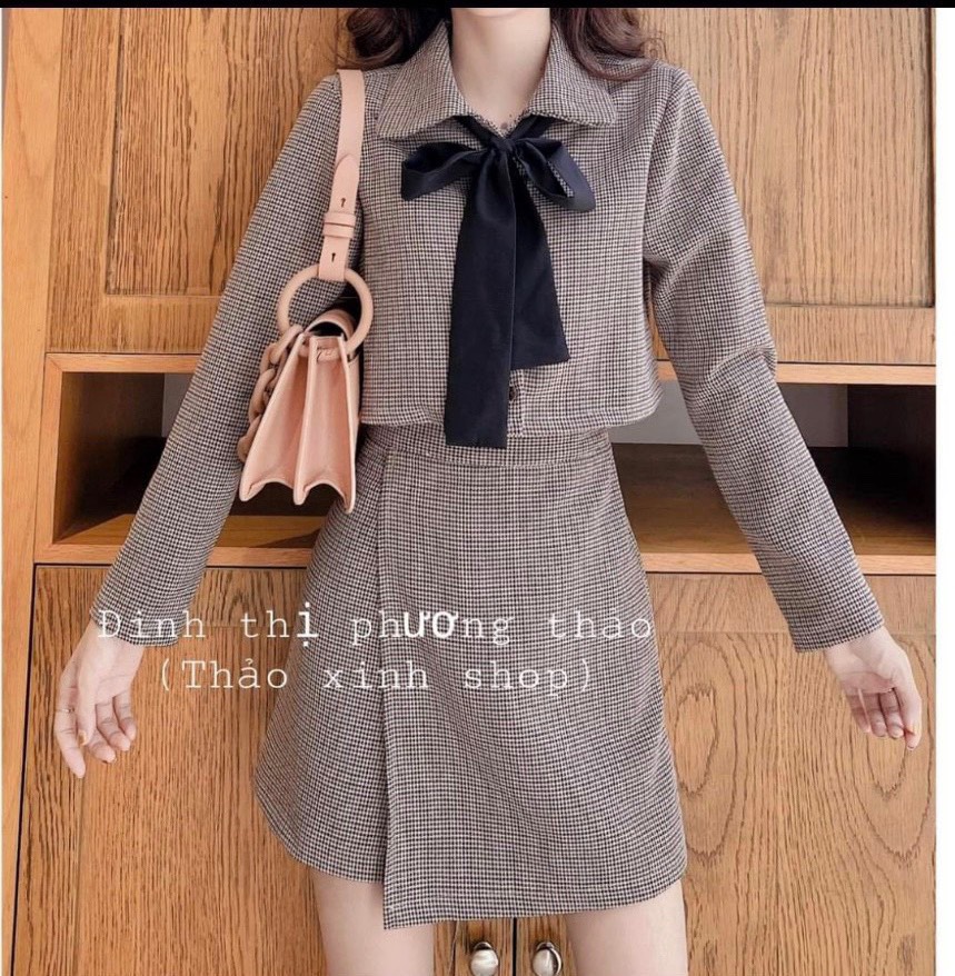 [25-27.4 Hoàn tiền 15%] SÉT VÁY NƠ CARO GỒM CHÂN VÁY VÀ ÁO CÀI NƠ SIÊU XINH - JUNA STORE 24H