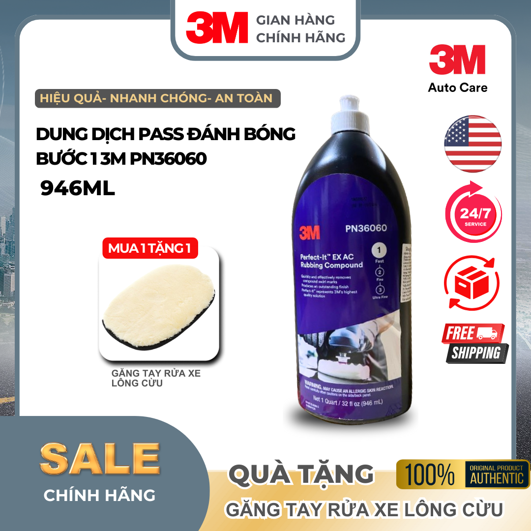 [ Tặng Găng tay lông cừu]  Dung dịch đánh bóng bước 1 3M™ - PN36060 3M PERFECT-IT EX RUBBING COMPOUND