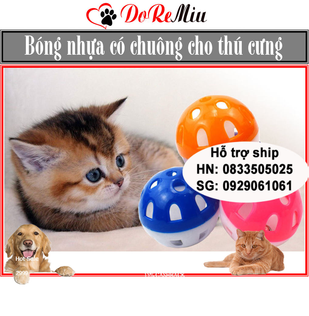 Doremiu- Đồ chơi chó mèo Bóng nhựa có chuông (3 size) màu ngẫu nhiên