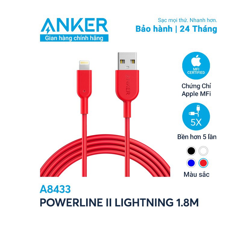 Cáp Sạc Anker Powerline Ii Lightning Cho Iphone Ipad- Dài 1.8M - A8433