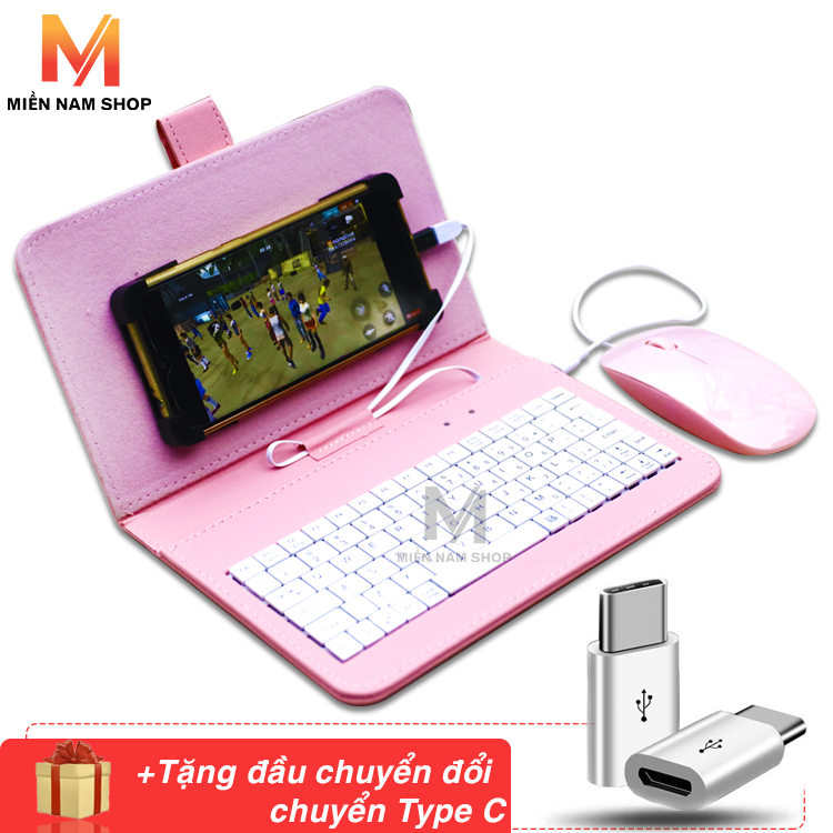 Bao da bàn phím kèm chuột máy tính bảng từ 4.5-7 inch + Đầu chuyển đổi Micro USB sang Type C