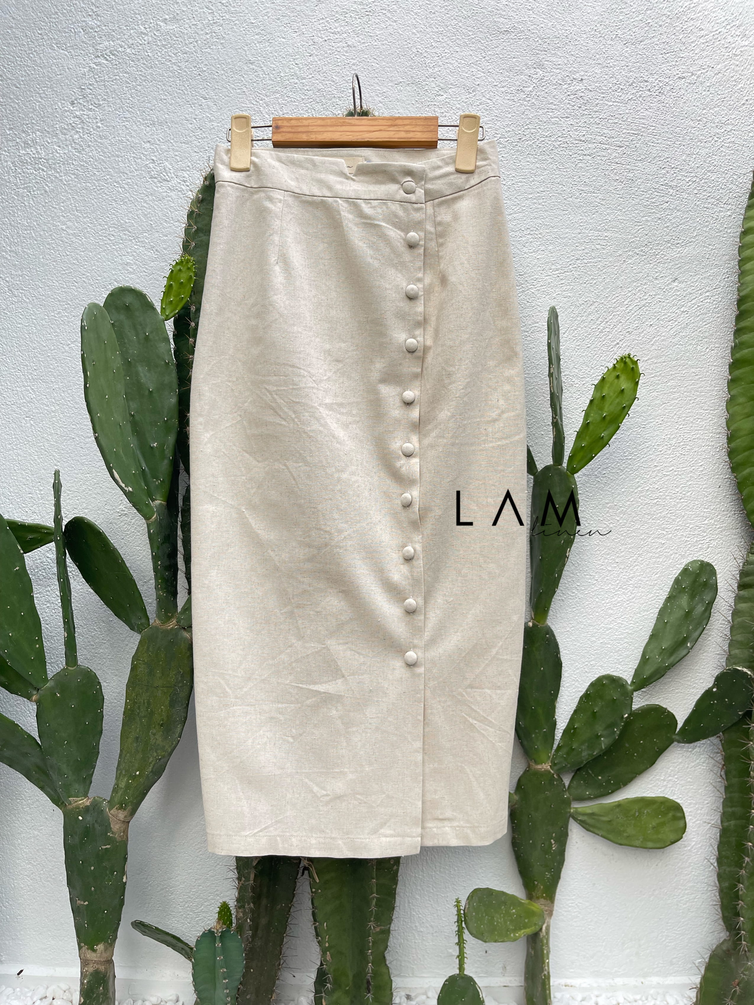Chân váy Midi nút bọc dress linen