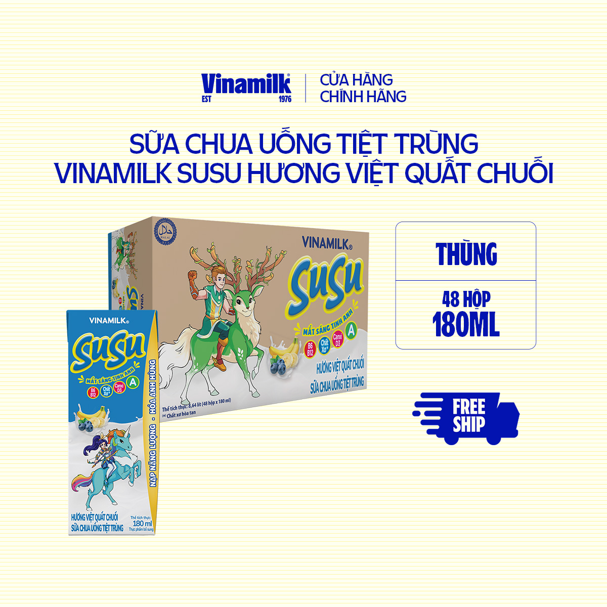 Sữa Chua Uống Tiệt Trùng Vinamilk SuSu hương Việt Quất Chuối - Thùng 48 hộp 180ml