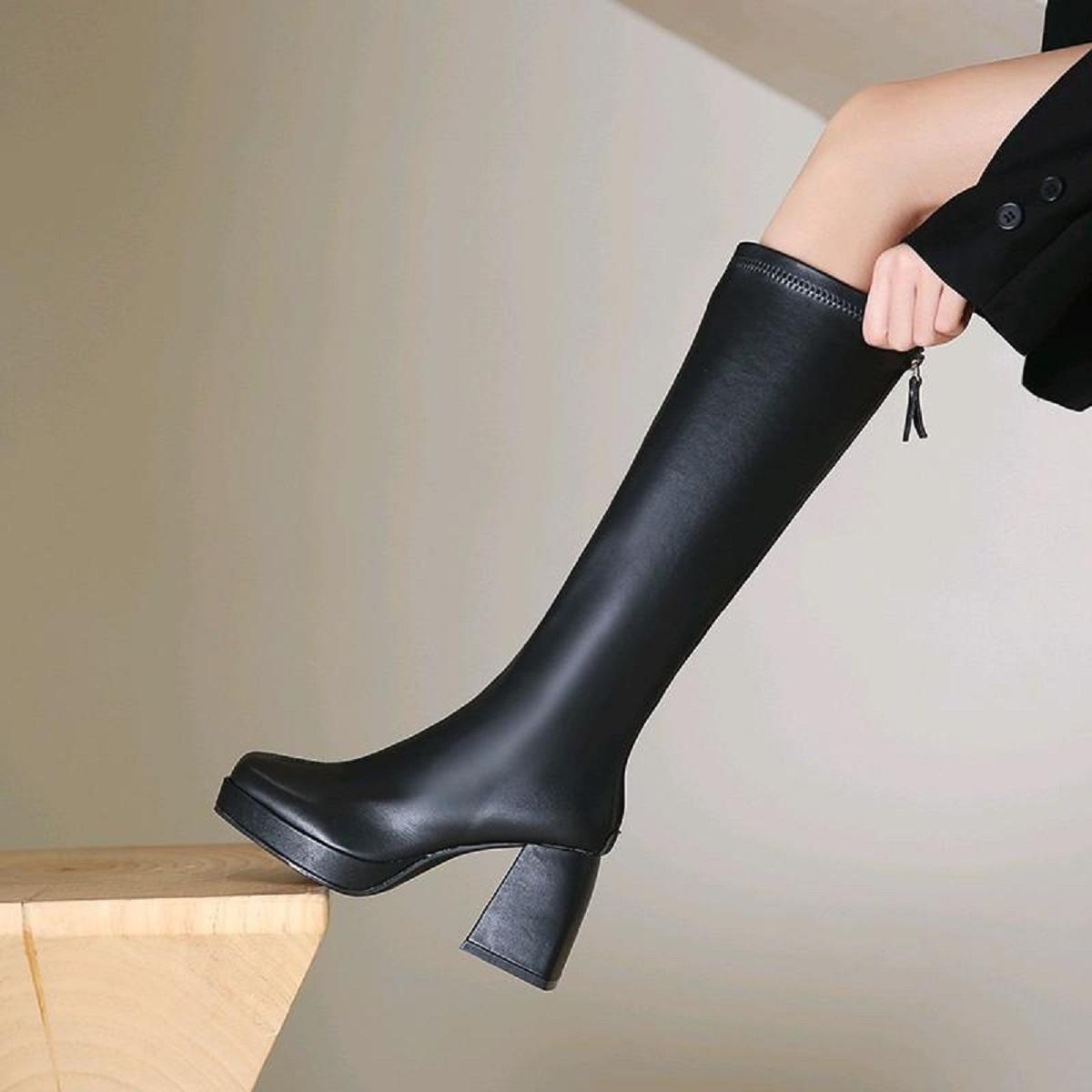 Bốt Đùi Độn Đế 8cm Boots Da Mềm Cổ Cao Khoá Kéo