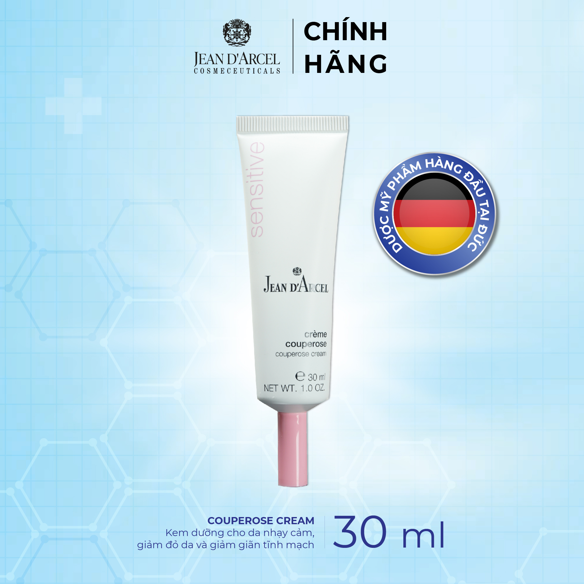 J118 Kem dưỡng cho da nhạy cảm, giảm đỏ da và giảm giãn tĩnh mạch Sensitive - Couperose Cream 30ml - Jean d'Arcel