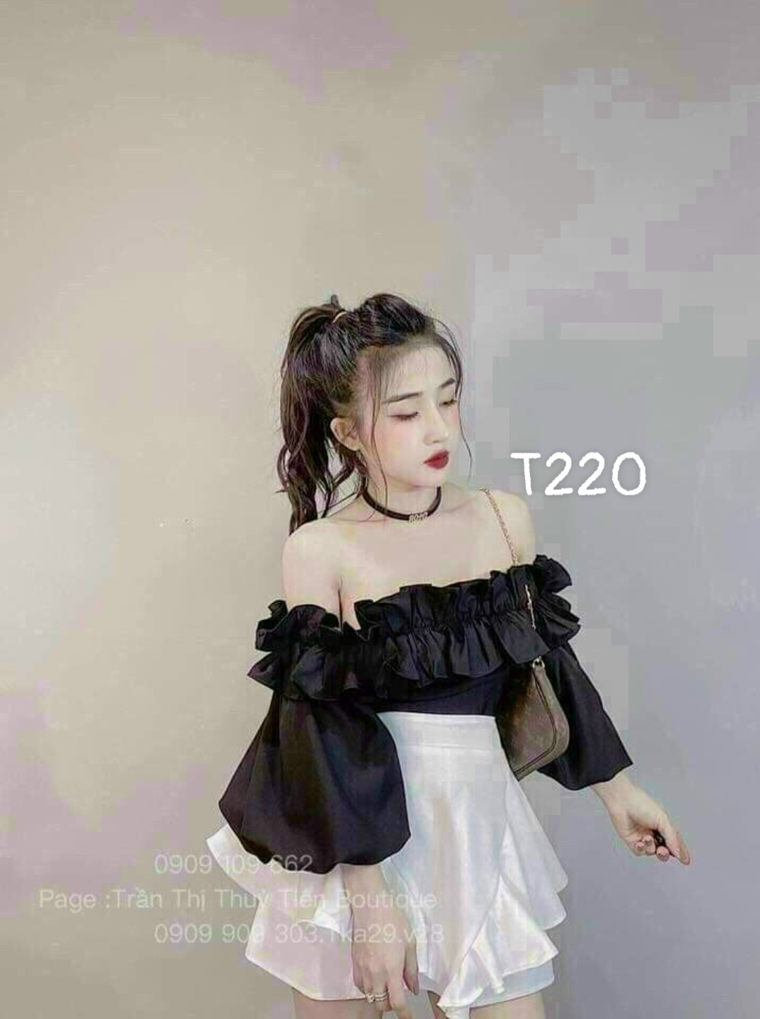Set áo tay phồng và chân váy kate cao cấp có lót T220