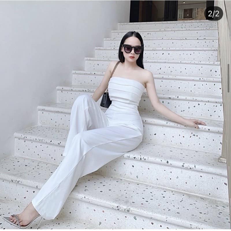 [HÀNG ĐẸP sẵn mút ngực] Jumpsuit Ống Suông Cúp Ngực Xếp Li Tôn Dáng