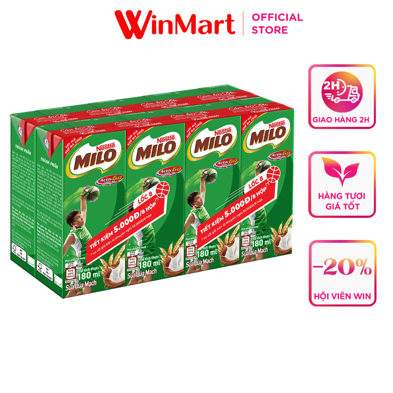 -Lốc 8 hộp sữa lúa mạch Nestle Milo 180ml