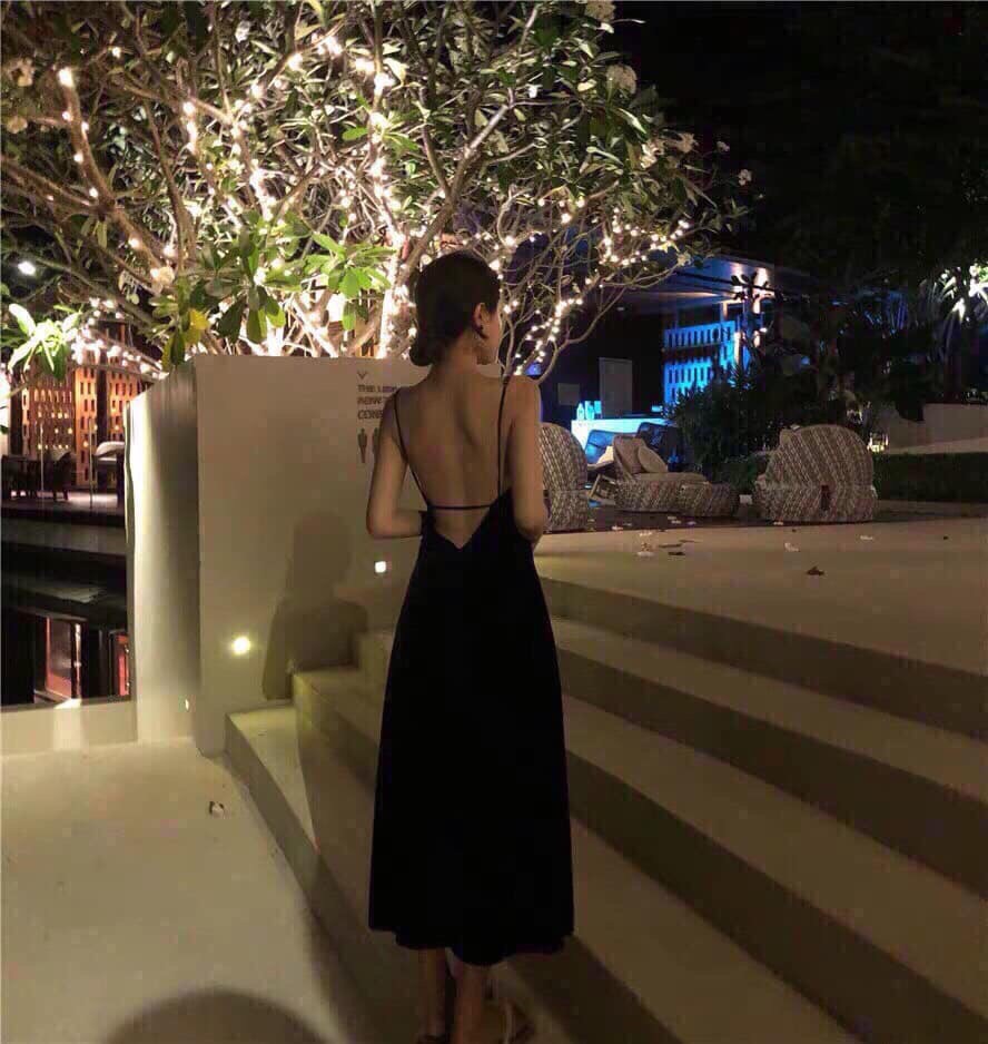 ĐẦM MAXI ĐEN 2 DÂY HỞ LƯNG