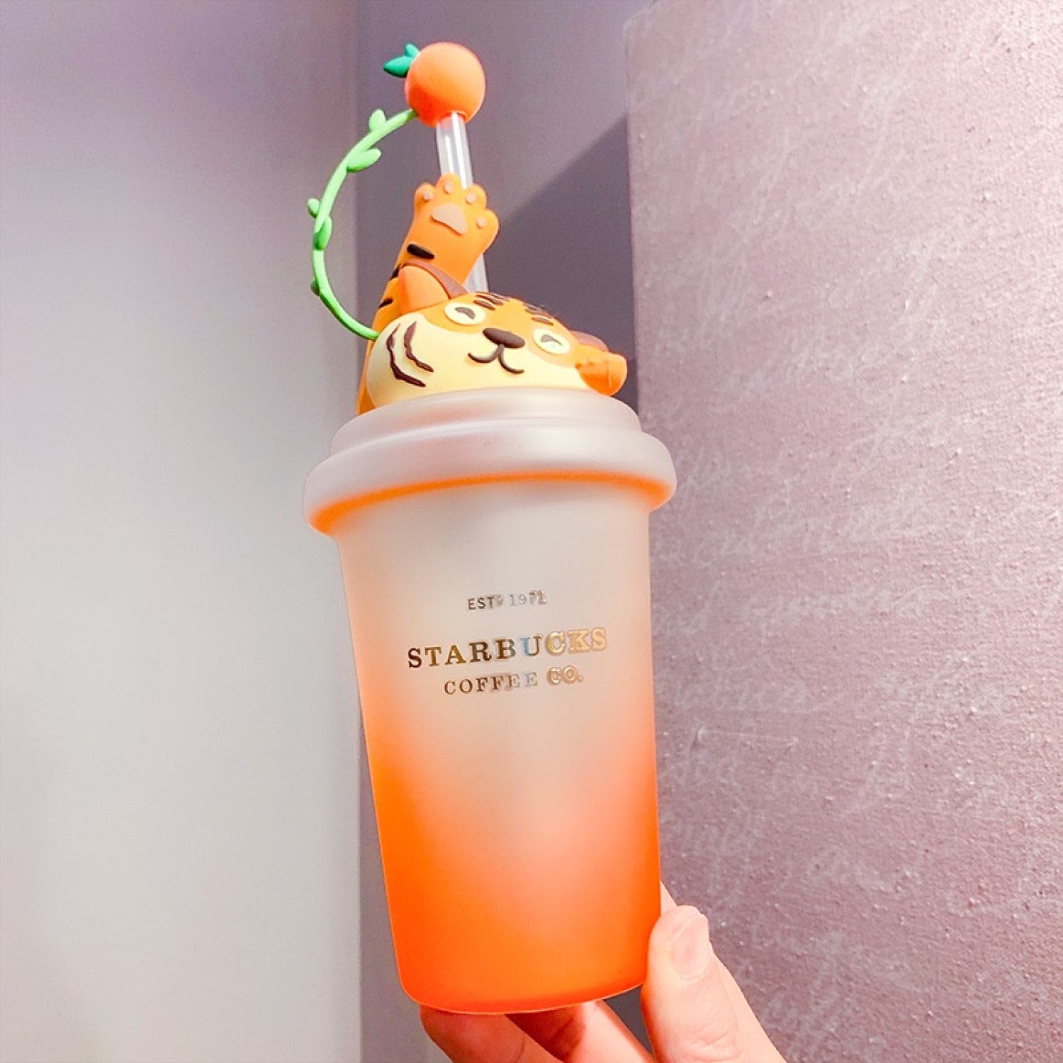 Bộ quà tặng tuổi dần ly thủy tinh Starbucks màu ombre cam Dung tích 500ml
