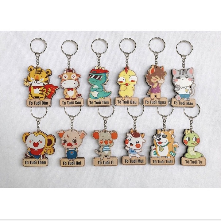 Móc treo chìa khoá bằng gỗ hình 12 con giáp