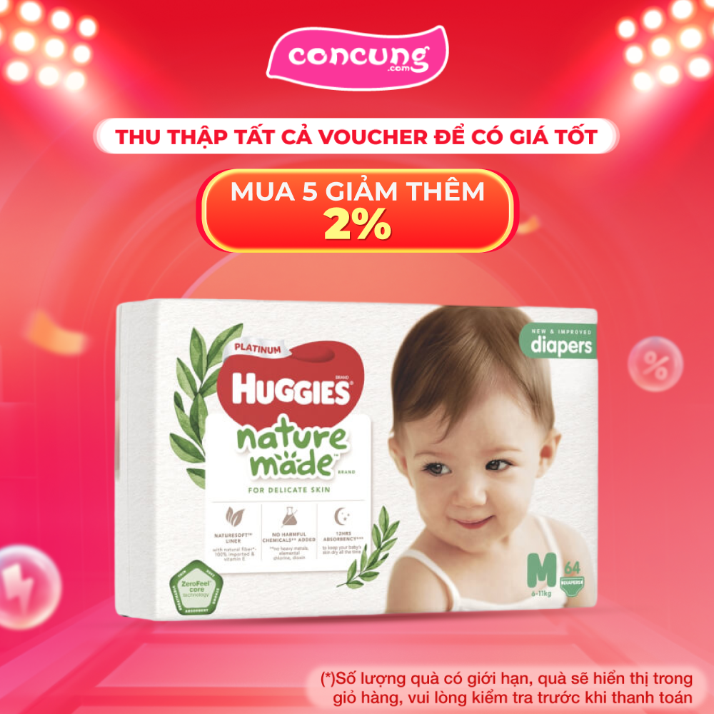 Bỉm tã dán Huggies Platinum Nature Made size M 64 miếng (6-11kg)