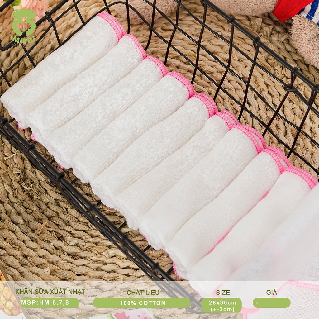 Khăn sữa / khăn xô mipbi xuất nhật 100% cotton tự nhiên set 10 khăn
