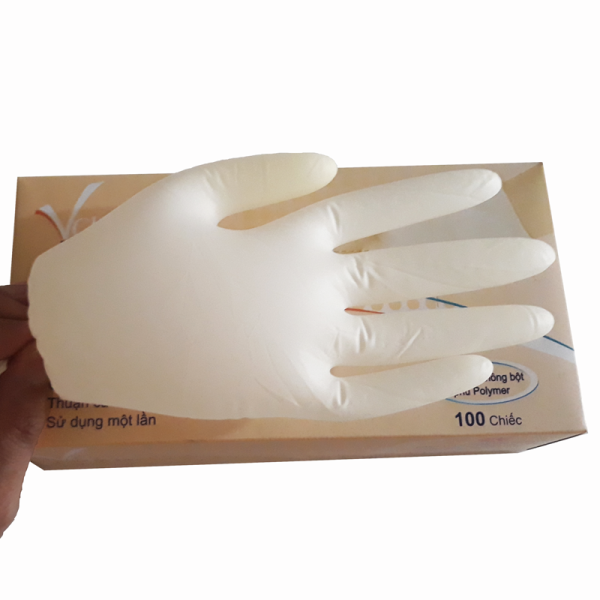[HCM]Găng tay Latex không bột phủ Polymer Vglove Khải Hoàn hôp 100 chiếc màu trắng