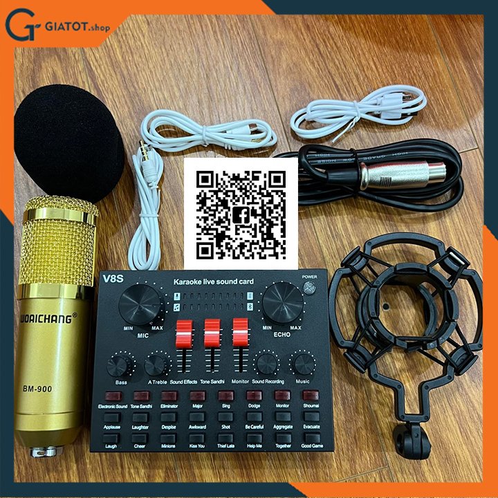 Bộ combo mic thu âm livestream hát karaoke micro woaichang bm900 sound card v8, mic thu âm Bm900 và sound card v8s+