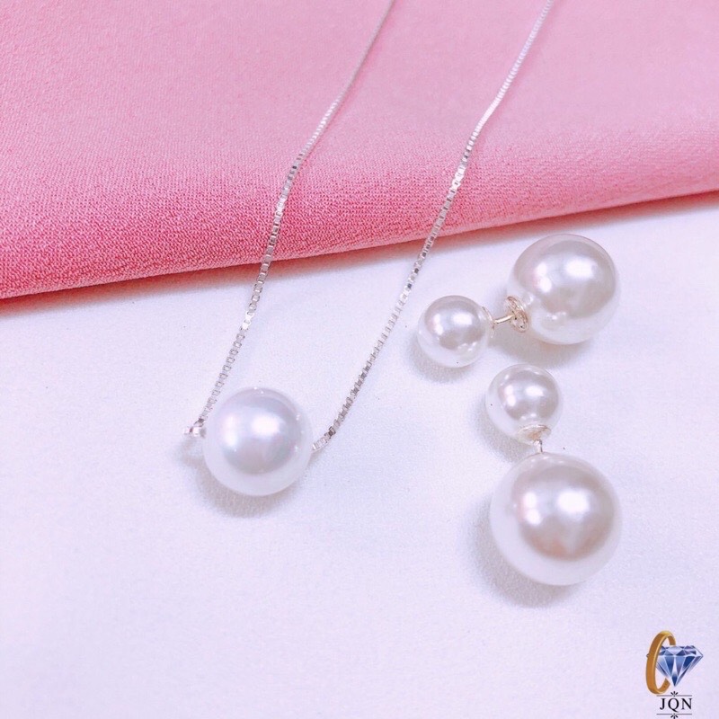 Bộ trang sức nữ bạc thật đính ngọc trai trẻ trung gồm 2 món dây chuyền, bông tai, JQN gian hàng uy tín chất lượng