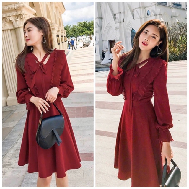 [HCM]Đầm đỏ tay dài phối dập li