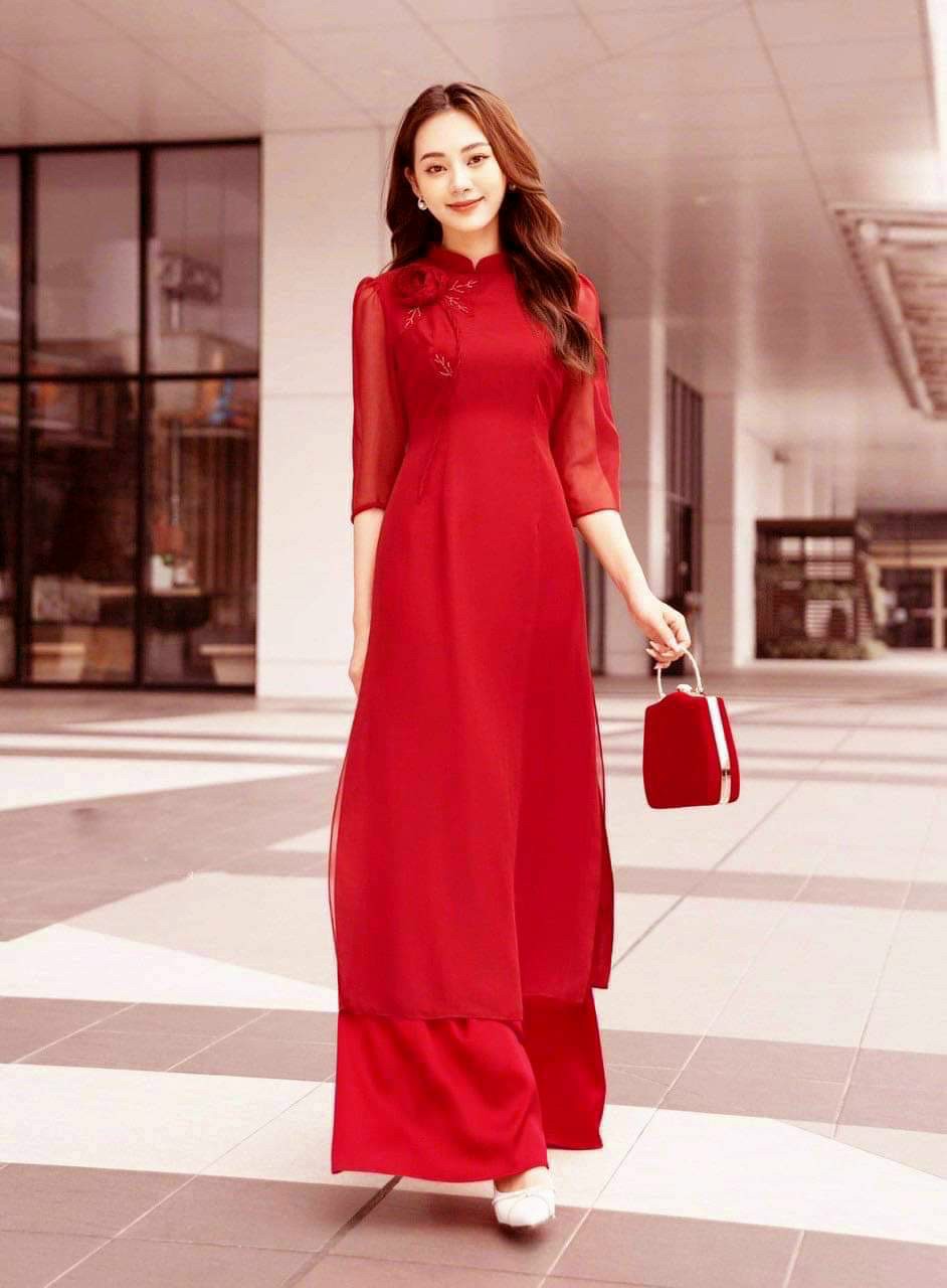 Set bộ áo dài cổ trụ kết hoa hồng lấp lánh hàng thiết kế cực sang trọng cho các nàng - by2128