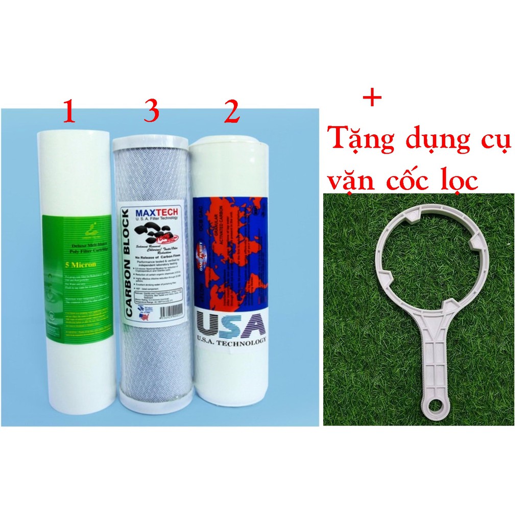 Bộ lõi lọc số 1,2,3 dành cho các loại máy lọc RO, tặng dụng cụ vặn mở cốc lọc
