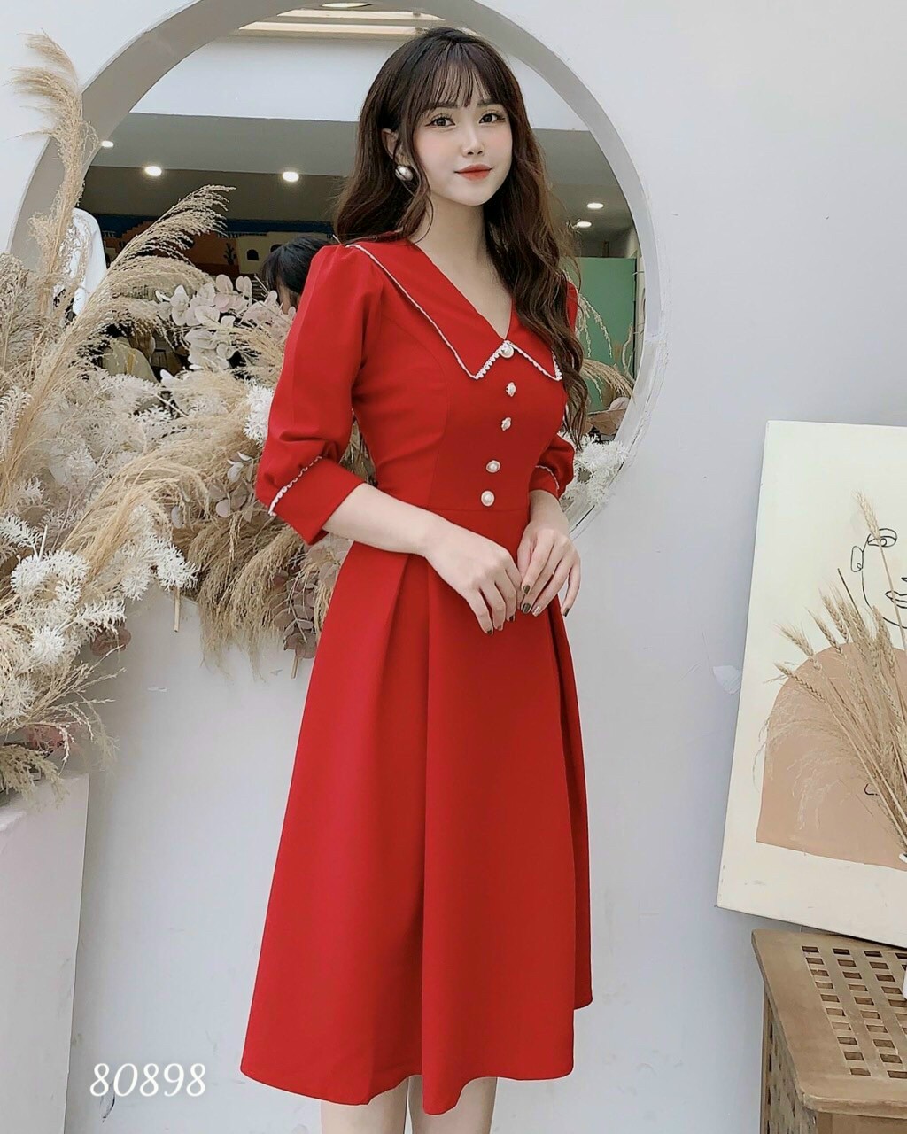 Đầm umi dự tiệc phối cổ tim sơ mi định cúc tôn dáng xinh xắn . th