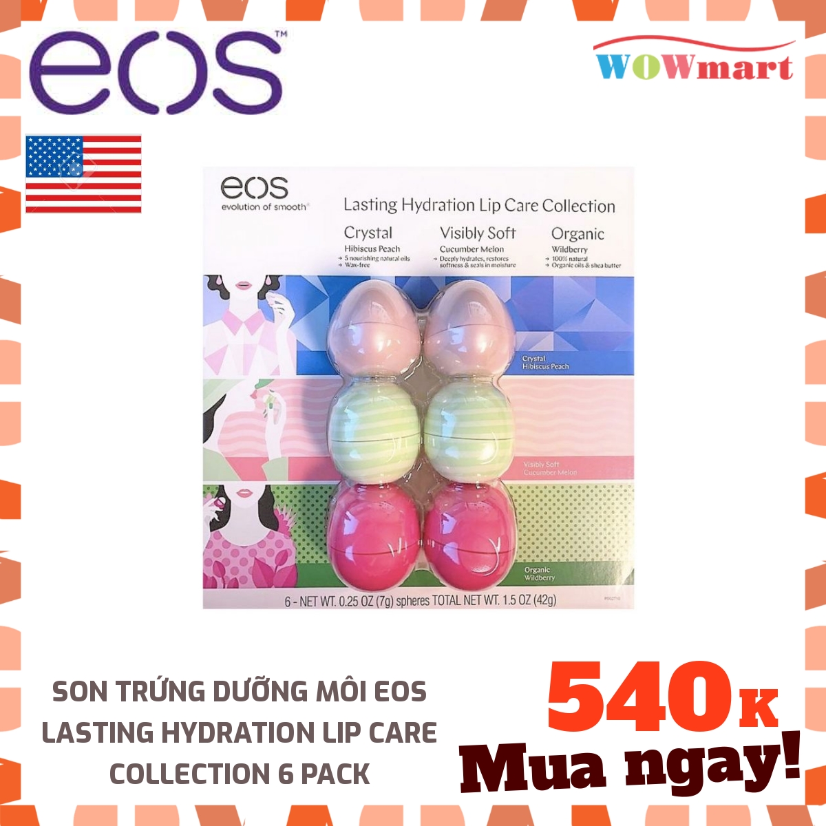 [HCM]Son trứng dưỡng môi Eos Lasting Hydration Lip Care Collection 6 pack - MỸ